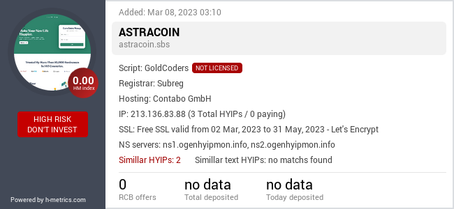 HYIPLogs.com widget for astracoin.sbs