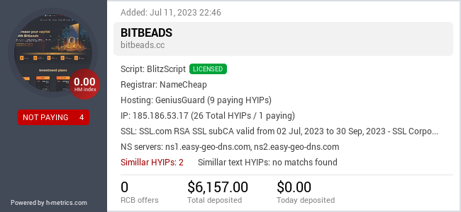 HYIPLogs.com widget for bitbeads.cc