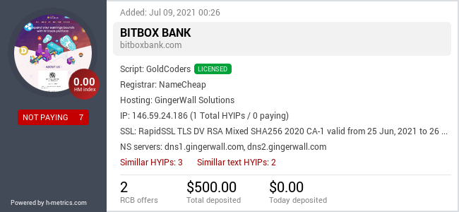 HYIPLogs.com widget for bitboxbank.com