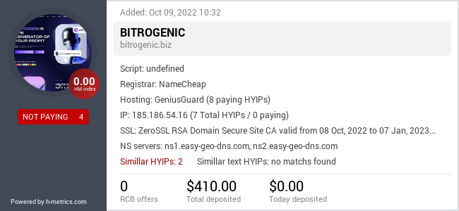 HYIPLogs.com widget for bitrogenic.biz