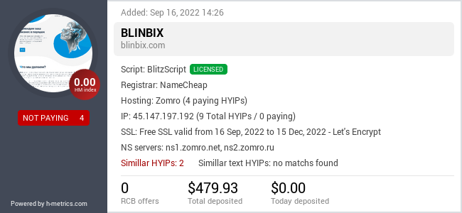 HYIPLogs.com widget for blinbix.com