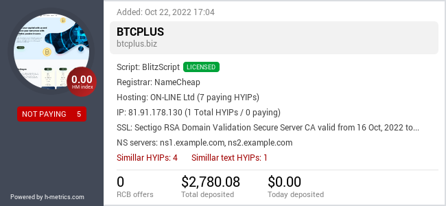 HYIPLogs.com widget for btcplus.biz