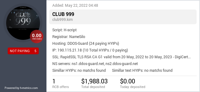 HYIPLogs.com widget for club999.kim