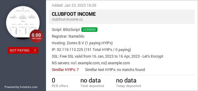 HYIPLogs.com widget for clubfoot-income.cc