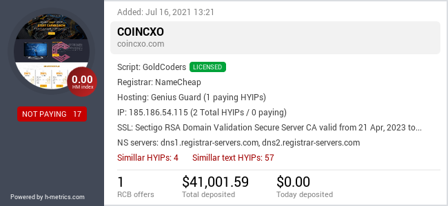 HYIPLogs.com widget for coincxo.ltd