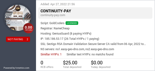 HYIPLogs.com widget for continuity-pay.com