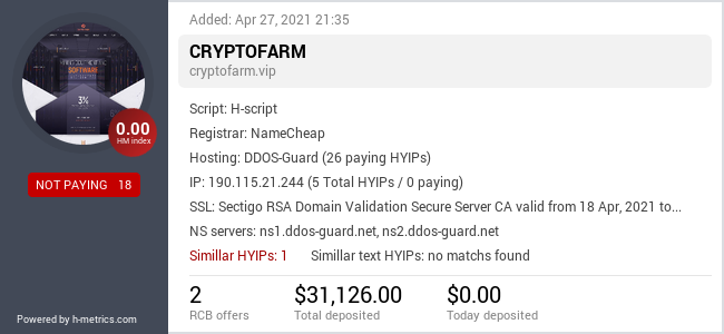 HYIPLogs.com widget for cryptofarm.vip