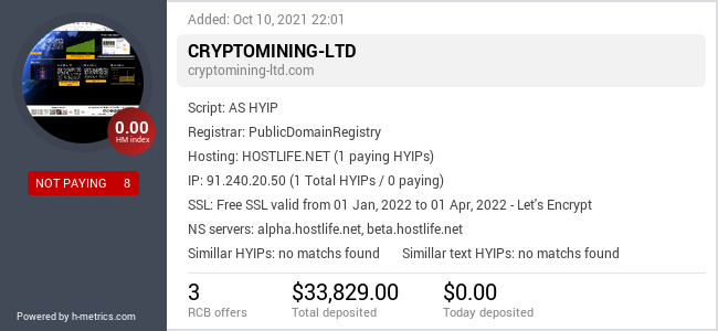 HYIPLogs.com widget for cryptomining-ltd.com