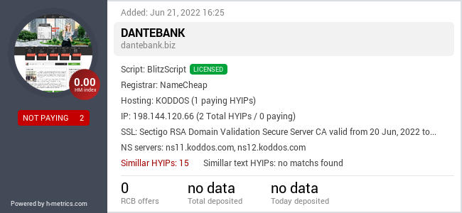 HYIPLogs.com widget for dantebank.biz