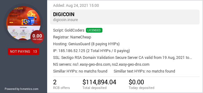 HYIPLogs.com widget for digicoin.insure