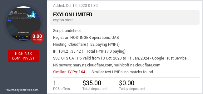 HYIPLogs.com widget for exylon.store