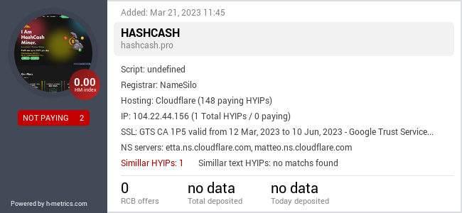 HYIPLogs.com widget for hashcash.pro