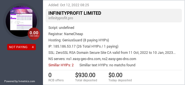 HYIPLogs.com widget for infinityprofit.pro