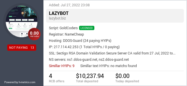 HYIPLogs.com widget for lazybot.biz