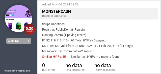 H-metrics.com widget for monster-cash.pics