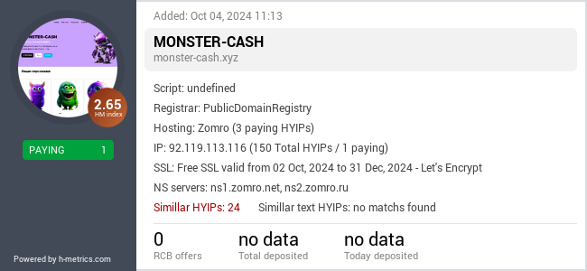 H-metrics.com widget for monster-cash.xyz