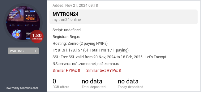 H-metrics.com widget for my-tron24.online