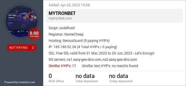 HYIPLogs.com widget for mytronbet.com