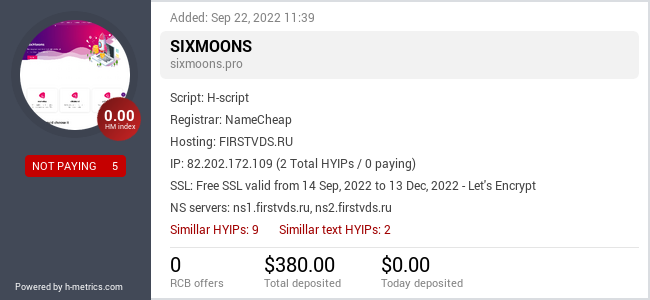 HYIPLogs.com widget for sixmoons.pro