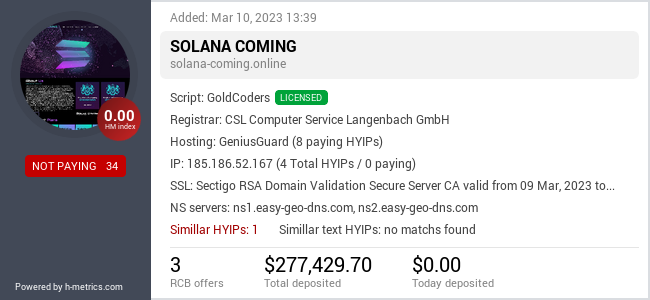 HYIPLogs.com widget for solana-coming.online