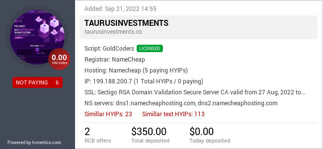 HYIPLogs.com widget for taurusinvestments.co