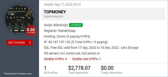 HYIPLogs.com widget for topmoney.pro
