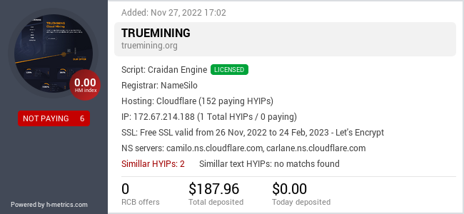 HYIPLogs.com widget for truemining.org