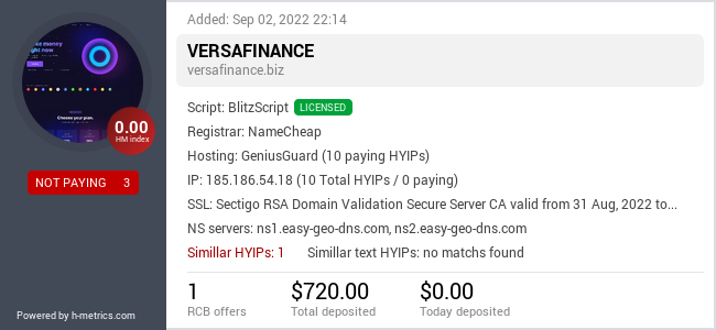 HYIPLogs.com widget for versafinance.biz